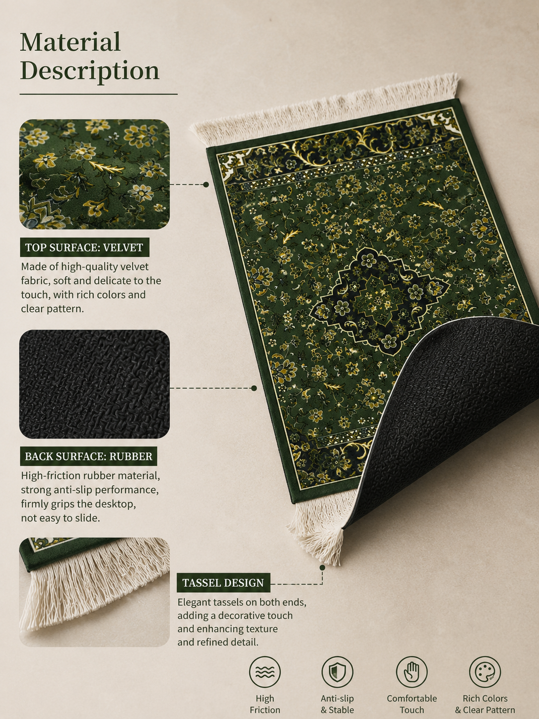 Rawdah mini decorative carpet mat dimensions 18cm wide and 26cm long, olive green floral pattern with cream fringed edges.