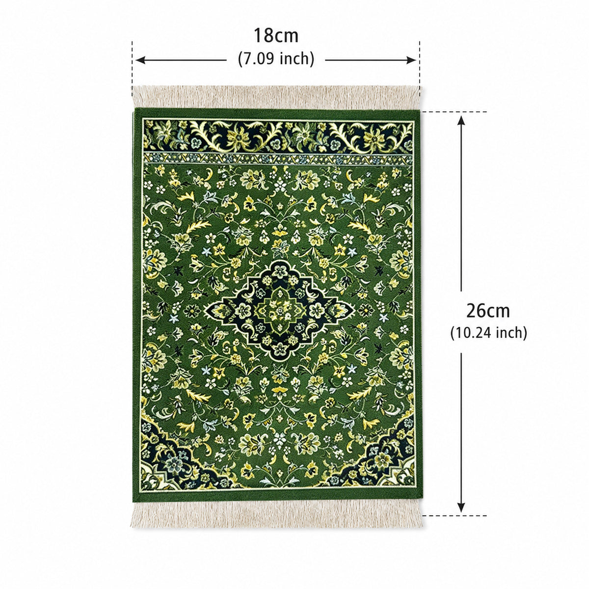 Rawdah mini decorative carpet mat dimensions 18cm wide and 26cm long, olive green floral pattern with cream fringed edges.