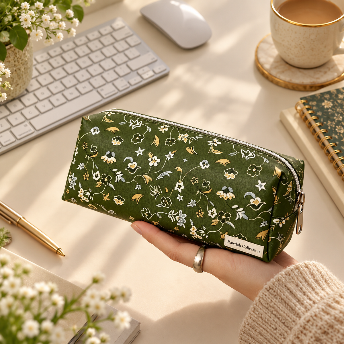 Rawdah inspired olive green floral pencil case with zip closure, rectangular leather-look stationery pouch featuring Madinah garden pattern by IHSAN.
