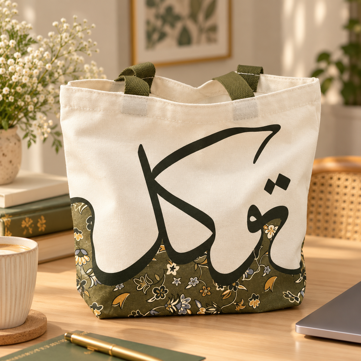 Makkah inspired cream canvas tote bag featuring black Arabic calligraphy, olive green floral pattern and matching shoulder straps by IHSAN.