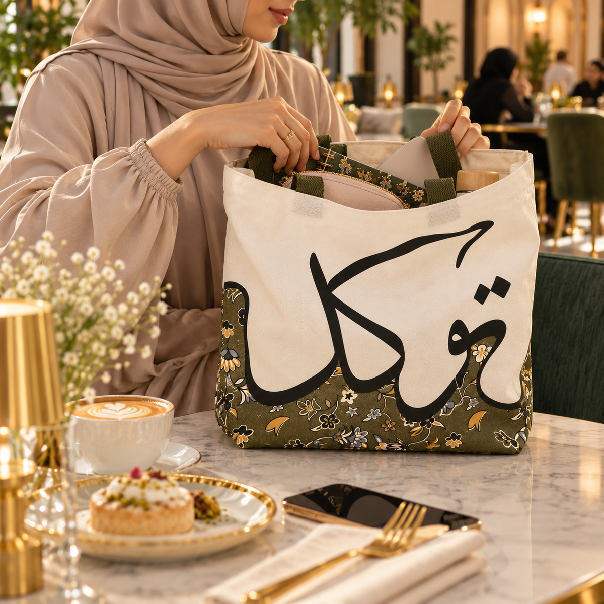 Rawdah inspired canvas shopping tote filled with notebook, water bottle, flowers and everyday essentials, spacious Islamic shoulder bag.