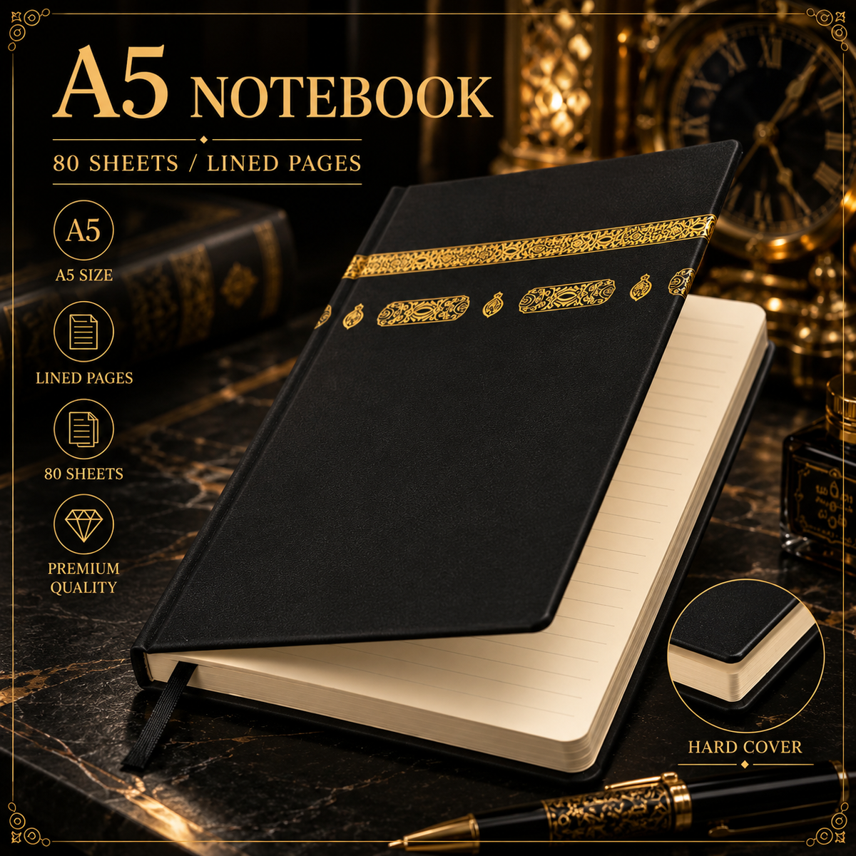 Kaaba inspired black and gold A5 notebook opened to reveal cream lined pages, premium hardcover and built-in ribbon page marker.