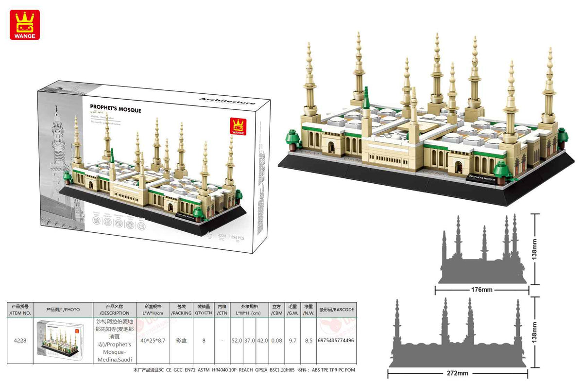 Close-up of the green dome and architectural details on the Prophet's Mosque building block model