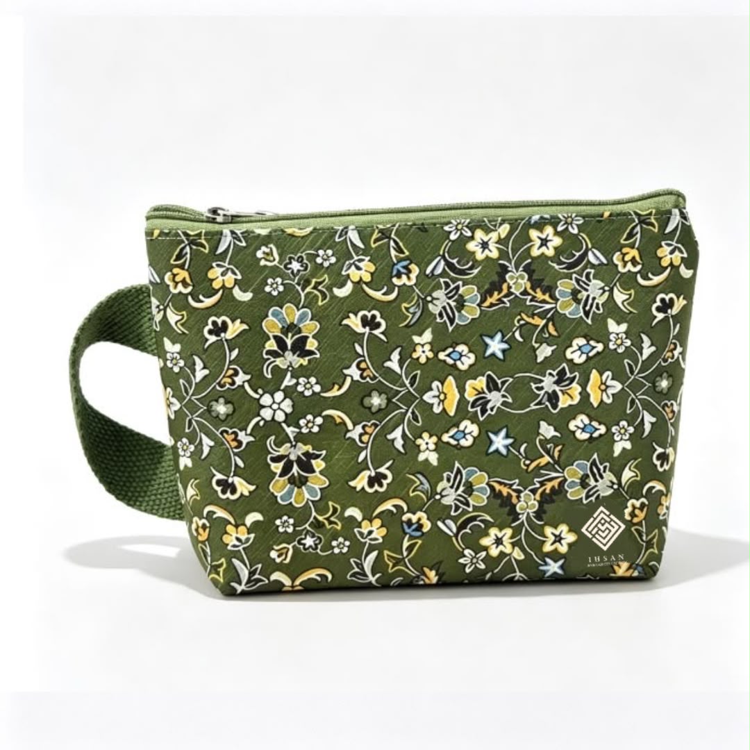 Rawdah inspired olive green floral pencil case and makeup bag with zip closure, carry handle and soft lining, multipurpose Madinah cosmetic and stationery pouch by IHSAN.