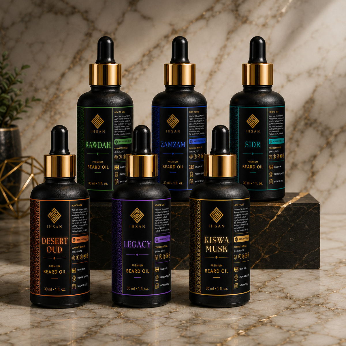 IHSAN premium beard oil collection featuring six luxury 30ml beard oils in Legacy, Sidr, Zamzam, Rawdah, Desert Oud and Kaaba Musk fragrances, displayed on elegant cream marble.