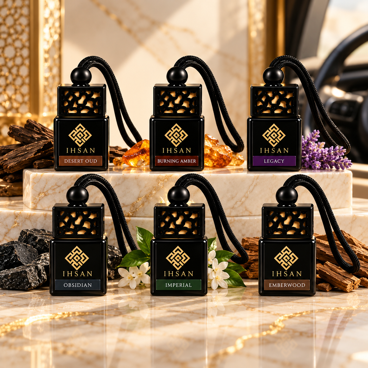 IHSAN Luxury Car Fragrance Collection Six Premium 8ml Hanging Car Diffusers in Desert Oud, Burning Amber, Legacy, Obsidian, Imperial and Emberwood.