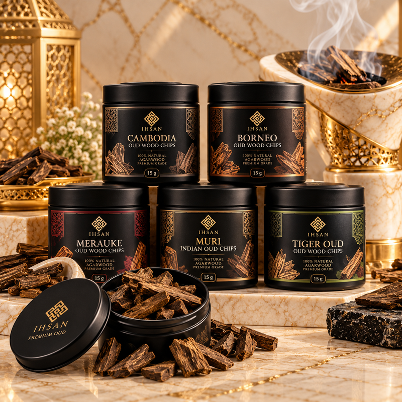 IHSAN Premium Natural Oud Wood Chips Collection – Five 15g tins of Kalimantan, Tiger, Cambodian, Merauke and Muri Oud with natural agarwood chips displayed on cream marble.
