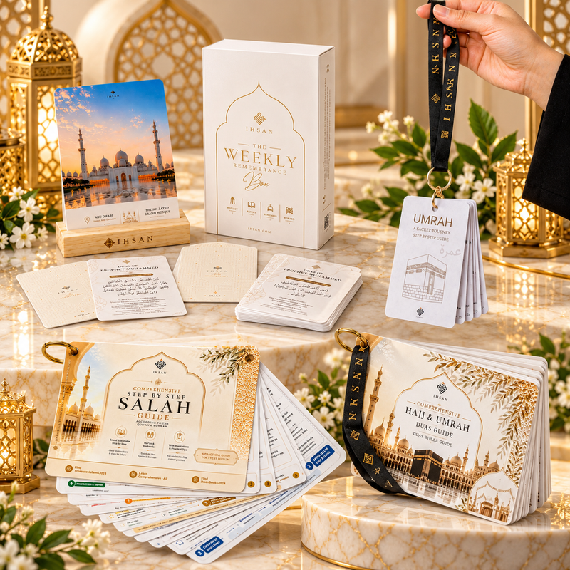 IHSAN Islamic Educational Guides Collection featuring Hajj, Umrah and Salah step-by-step flashcards alongside the 52 Weekly Remembrance Cards Box with display stand.