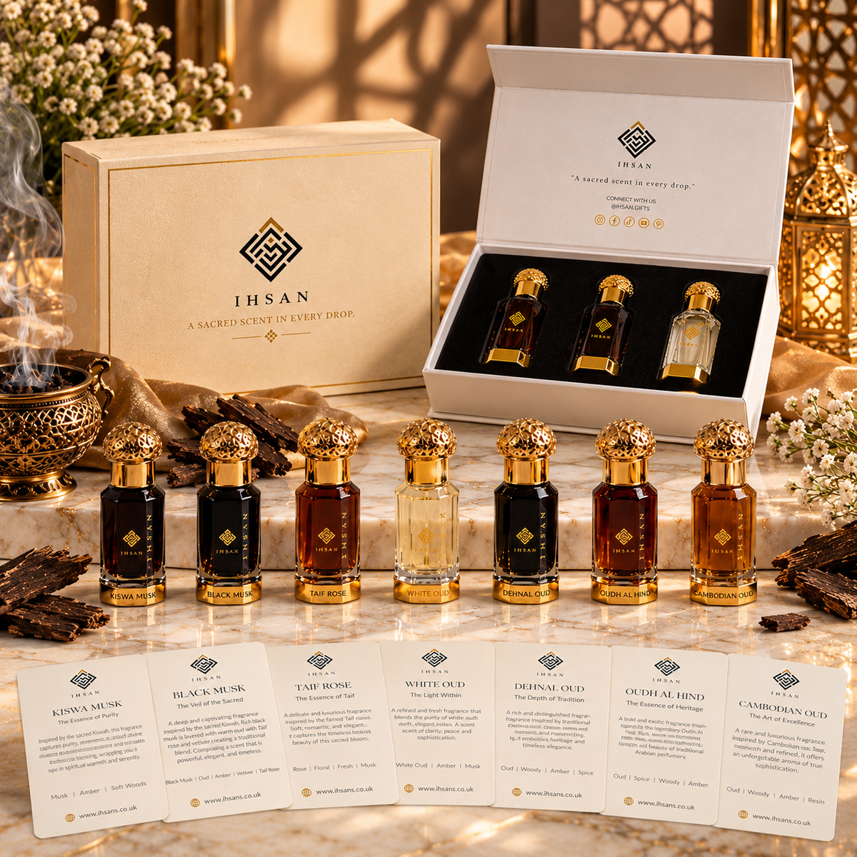 IHSAN luxury perfume oil collection featuring seven 3ml Arabian attar bottles with gold caps, premium gift boxes and an open three-piece perfume gift set on cream marble.
