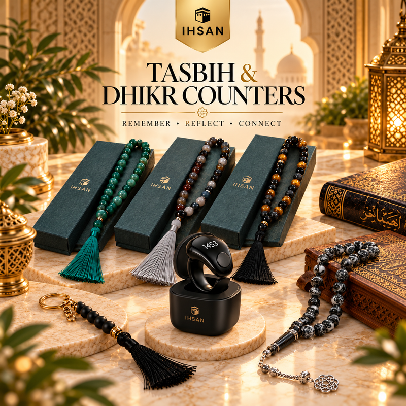 IHSAN Tasbih and Dhikr Counter Collection featuring premium natural stone prayer beads in gift boxes, black smart digital Zikr ring with charging case, 7-bead Tawaf tasbih and marble-effect prayer beads.