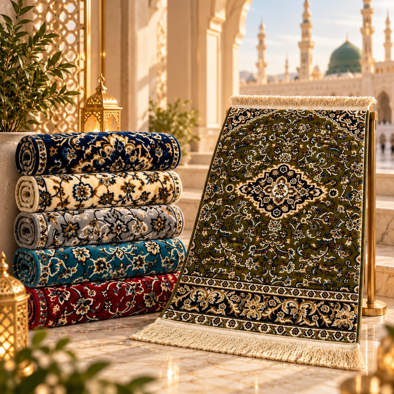IHSAN premium Rawdah prayer mats inspired by Masjid an-Nabawi in Madinah, featuring luxury thick padded Islamic prayer rugs in olive green, ruby red, cream, teal blue and grey.