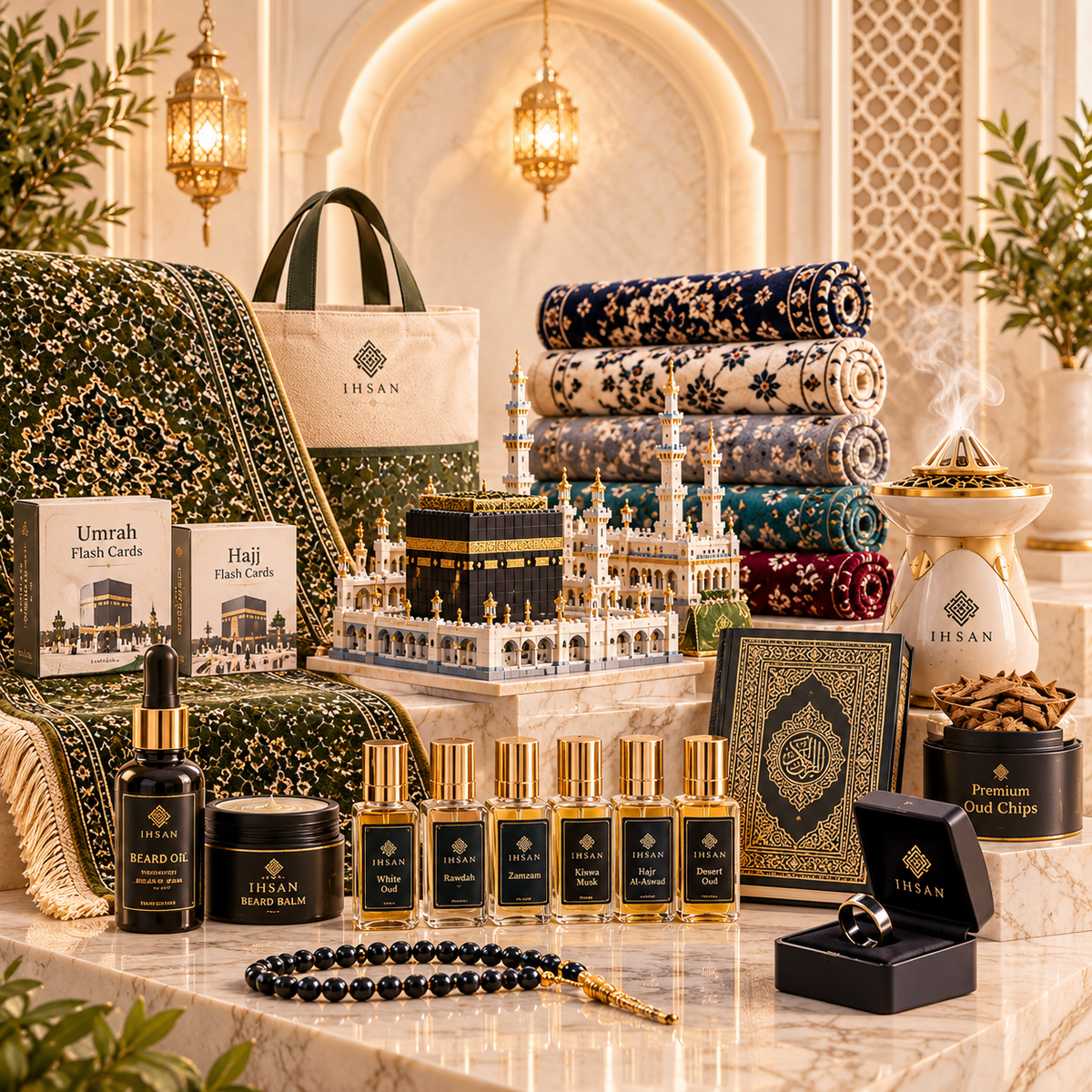 IHSAN premium Islamic gifts and accessories collection featuring perfume oils, prayer mats, tasbihs, beard care, oud, Qur'ans and luxury gift sets.
