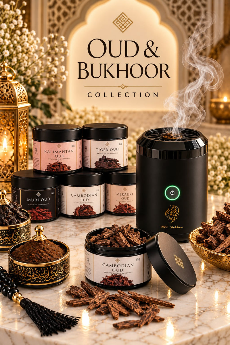 IHSAN Rechargeable Electric Bukhoor and Oud Incense Burners – Premium portable fragrance burners displayed on an elegant cream marble surface.