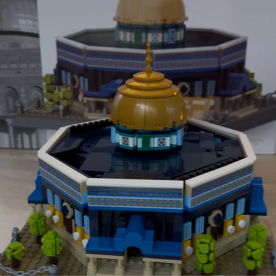 Close-up of golden dome and architectural details on Dome of the Rock building blocks model