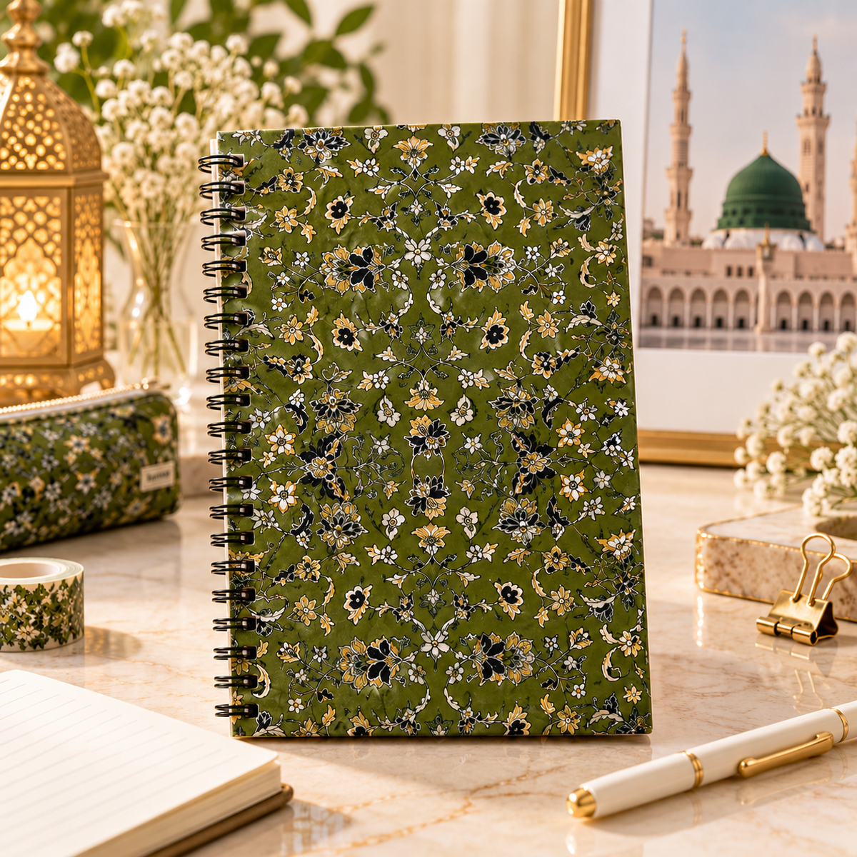 Rawdah Inspired A6 Spiral Notebook – Madinah Floral Design | Islamic Stationery & Gift
