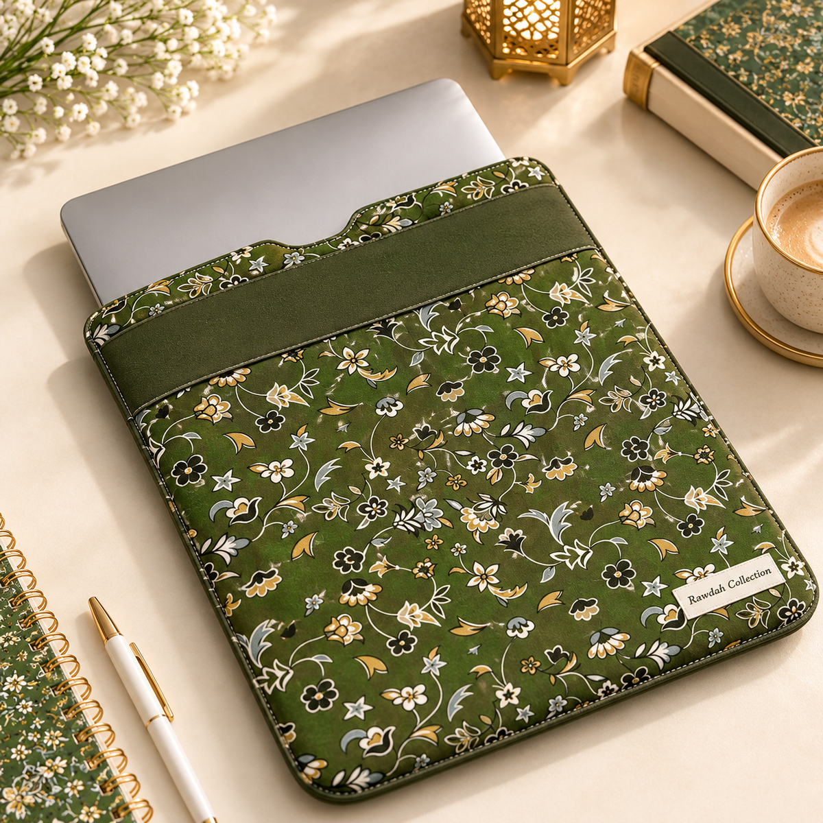 Rawdah inspired olive green floral laptop sleeve bag with Madinah garden pattern, protective slip-in laptop pouch by IHSAN.