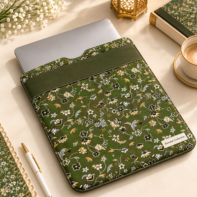 Rawdah inspired olive green floral laptop sleeve bag with Madinah garden pattern, protective slip-in laptop pouch by IHSAN.