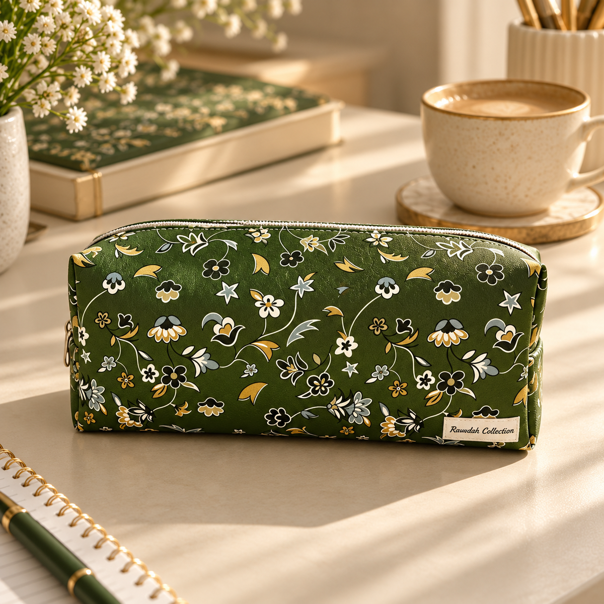Rawdah floral pencil case displayed on elegant cream desk with notebook, coffee and stationery, olive green Islamic stationery pouch inspired by Madinah.