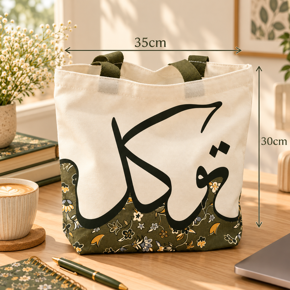 Rawdah canvas tote bag measuring 35cm wide and 30cm high, cream and olive green Islamic shoulder bag with Arabic calligraphy.