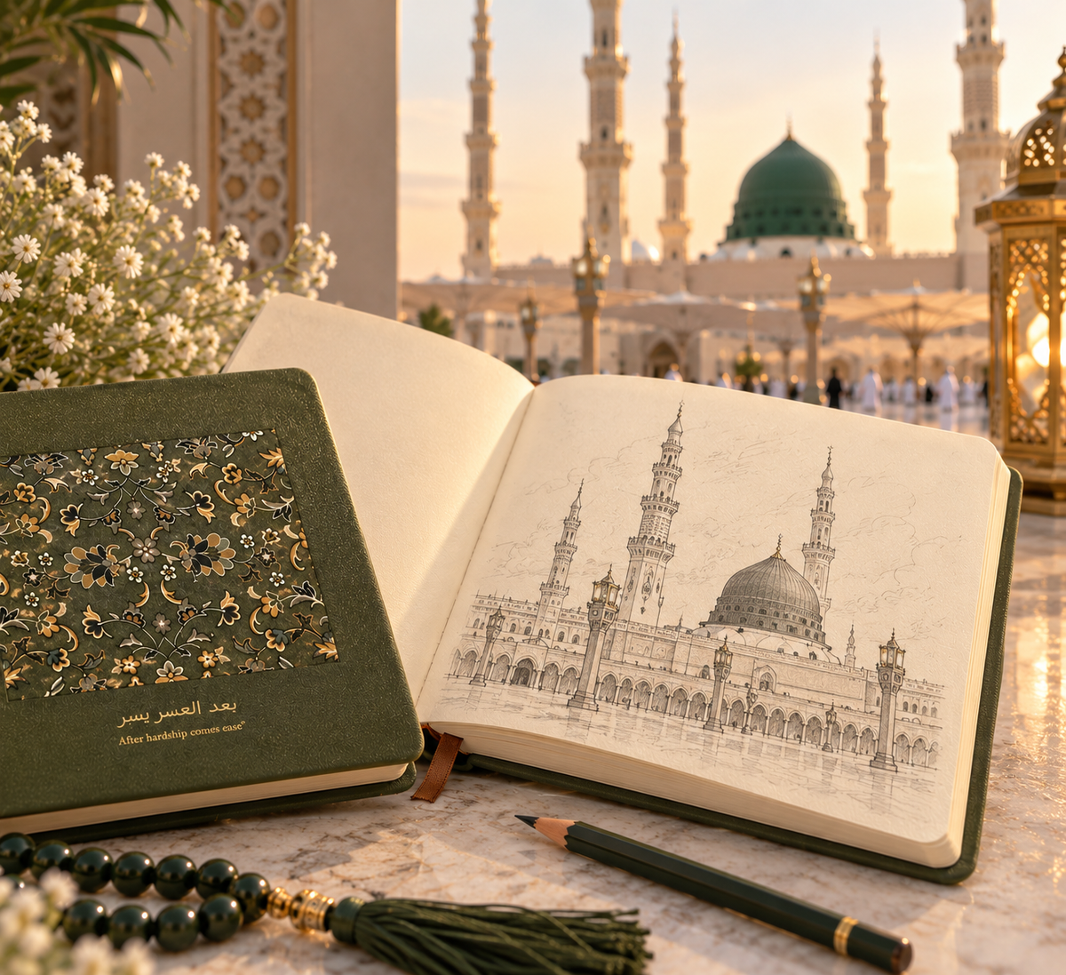 Rawdah inspired olive green mini sketchbook with Madinah floral pattern, soft PU leather cover and Islamic message After hardship comes ease.