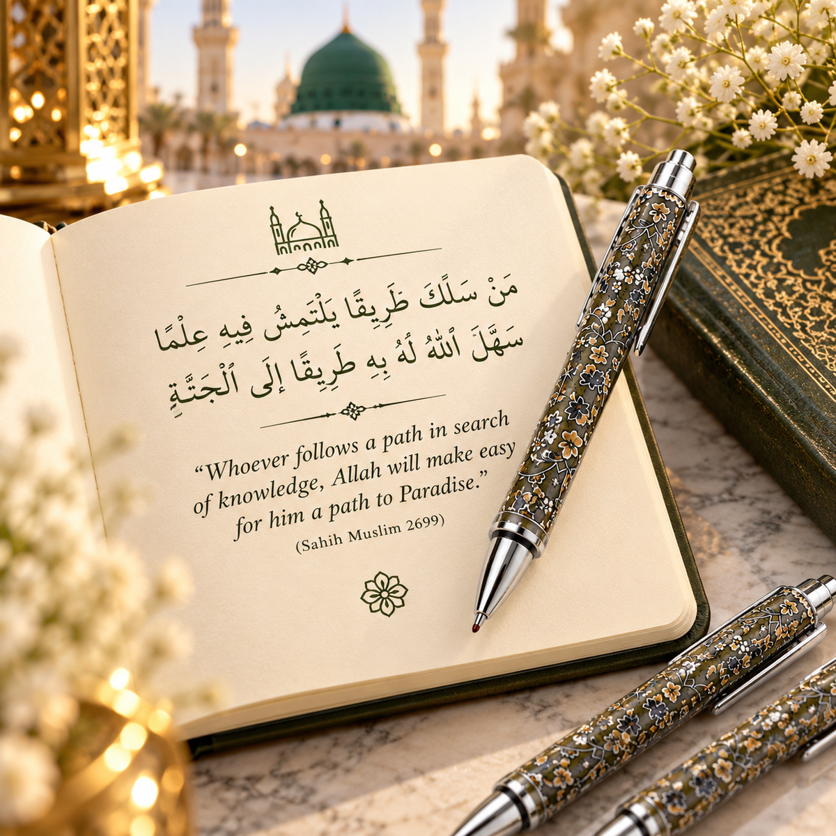 Rawdah mini sketchbook displayed with Masjid an-Nabawi in Madinah background, green floral Islamic notebook inspired by the Prophet's Mosque.