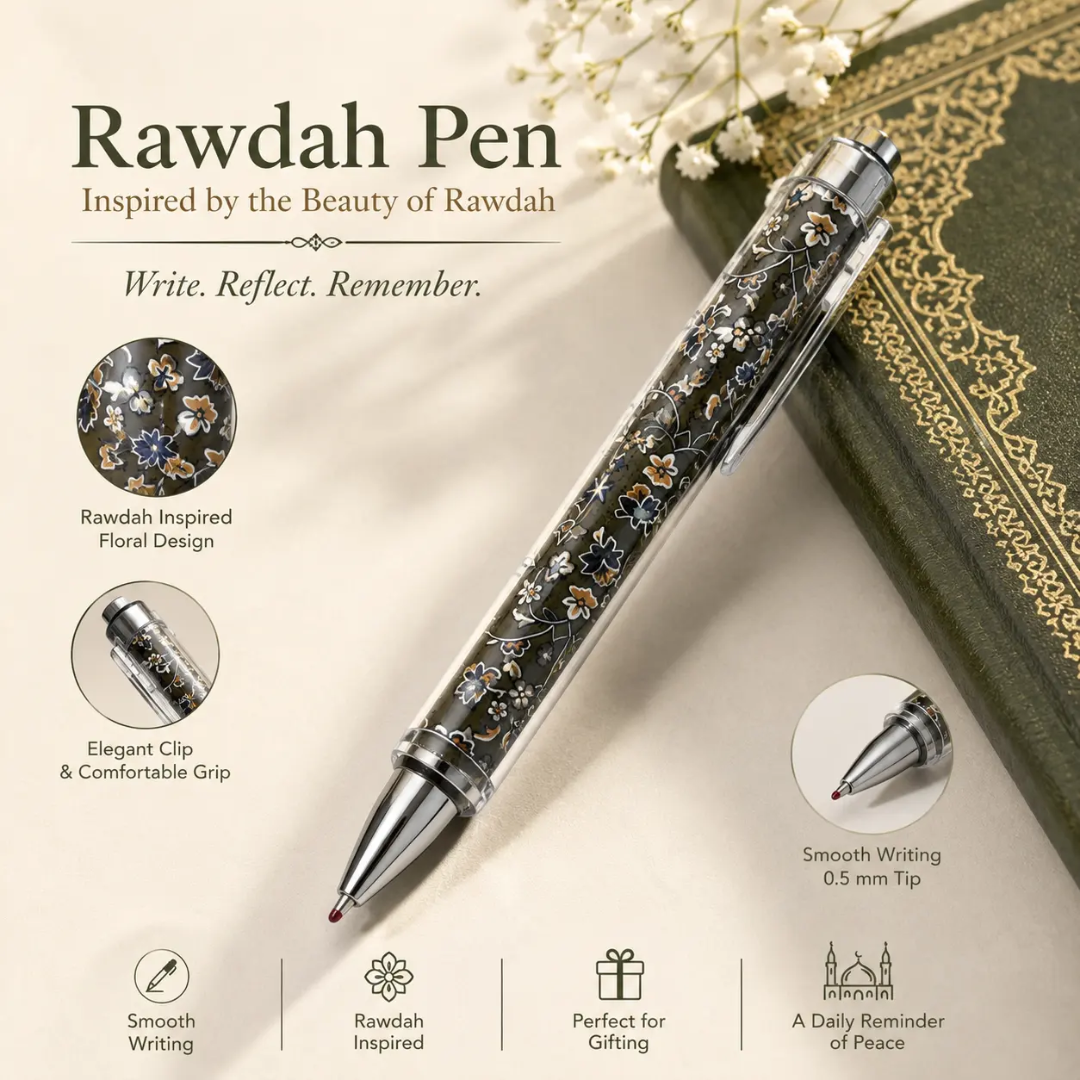 Rawdah Inspired Floral Ballpoint Pen – Madinah Islamic Stationery | Elegant 0.5mm Writing Pen