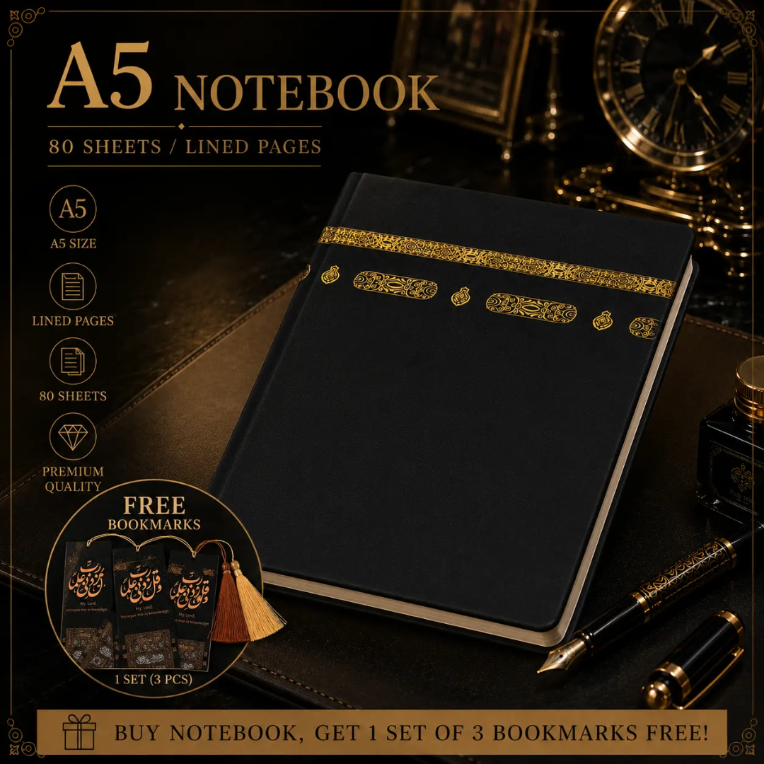 Luxury A5 Islamic journal with black hardcover and intricate gold Kiswah inspired detailing, displayed with elegant black and gold pen.