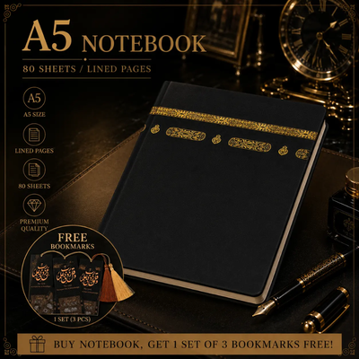 Luxury A5 Islamic journal with black hardcover and intricate gold Kiswah inspired detailing, displayed with elegant black and gold pen.