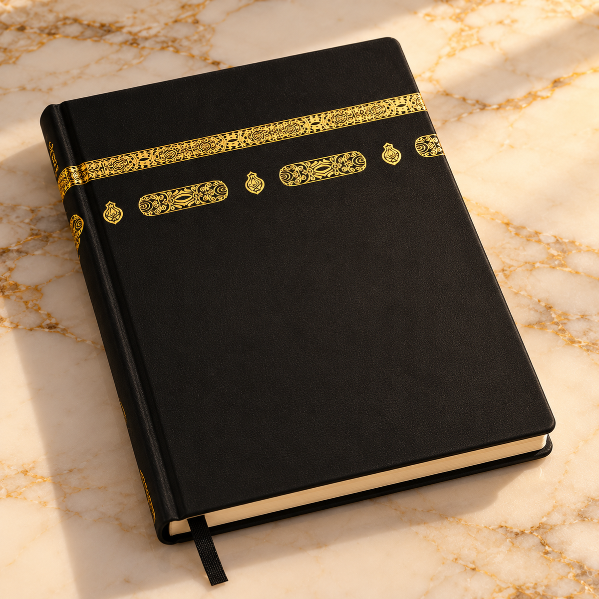 Premium black and gold Kaaba inspired A5 hardcover notebook with 80 lined sheets and free set of 3 Islamic bookmarks, elegant Muslim stationery gift.