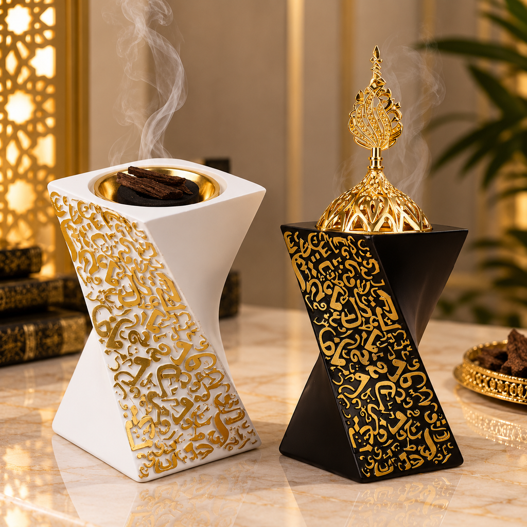 Premium Arabic Calligraphy Bukhoor Burner – Luxury Traditional Oud & Incense Burner | Black or White with Gold Lid