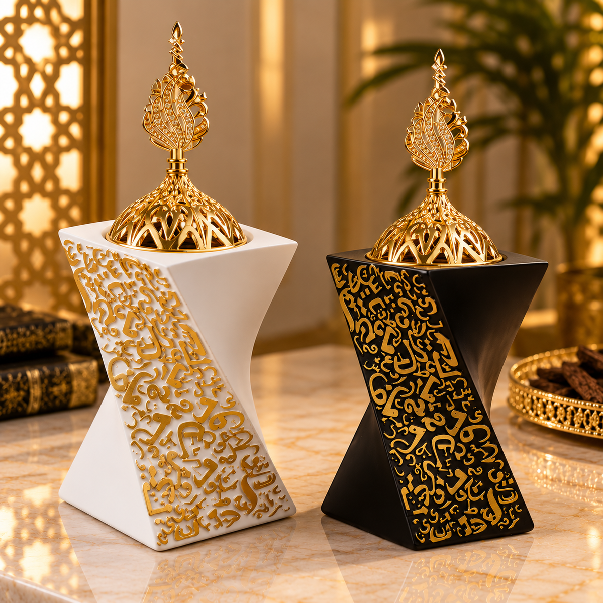 Premium Arabic Calligraphy Bukhoor Burner – Luxury Traditional Oud & Incense Burner | Black or White with Gold Lid