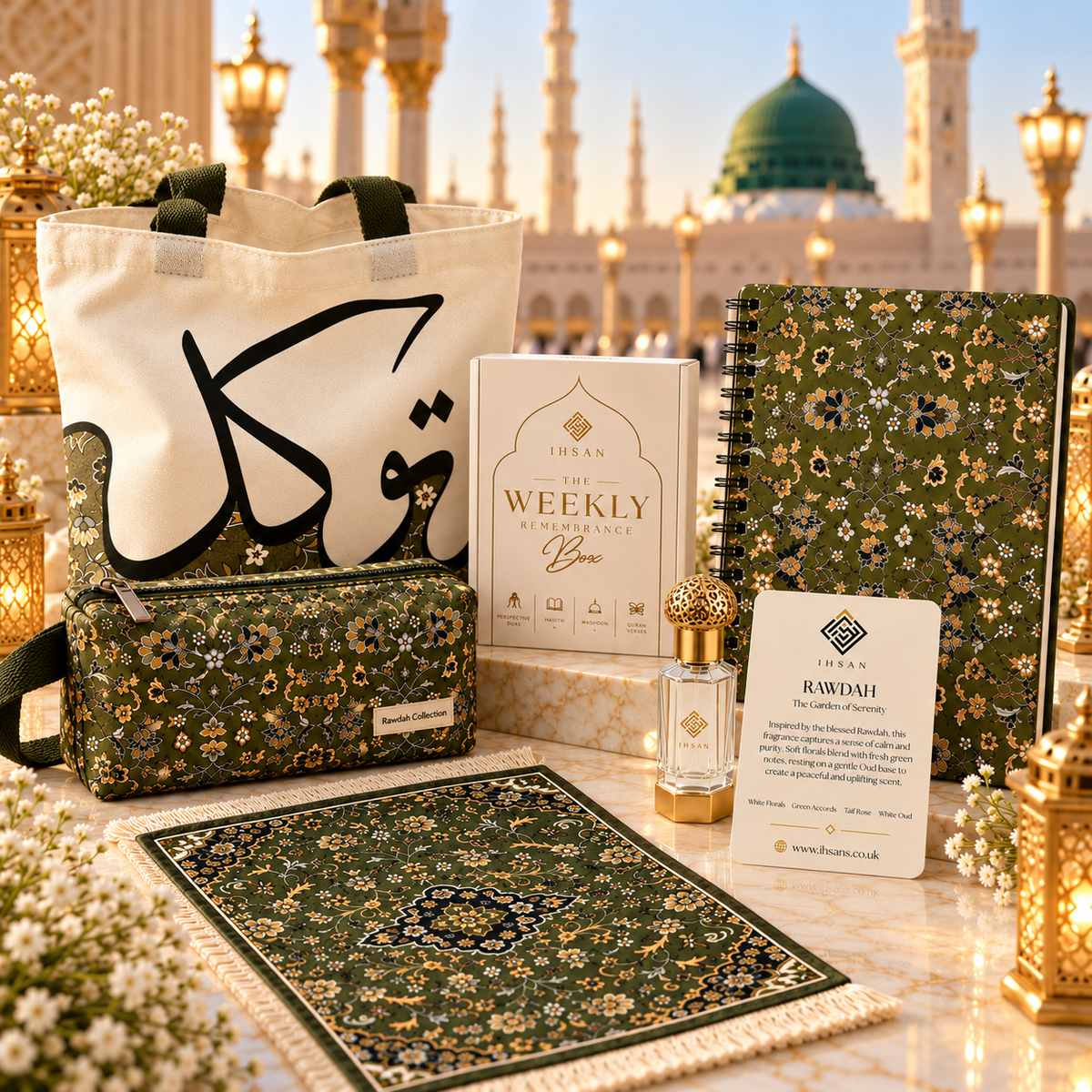 IHSAN extra large luxury Rawdah Islamic gift hamper in wicker basket with tote bag, sketchbook, mouse pad, pencil case, weekly remembrance box, 3ml perfume oil and chocolates.