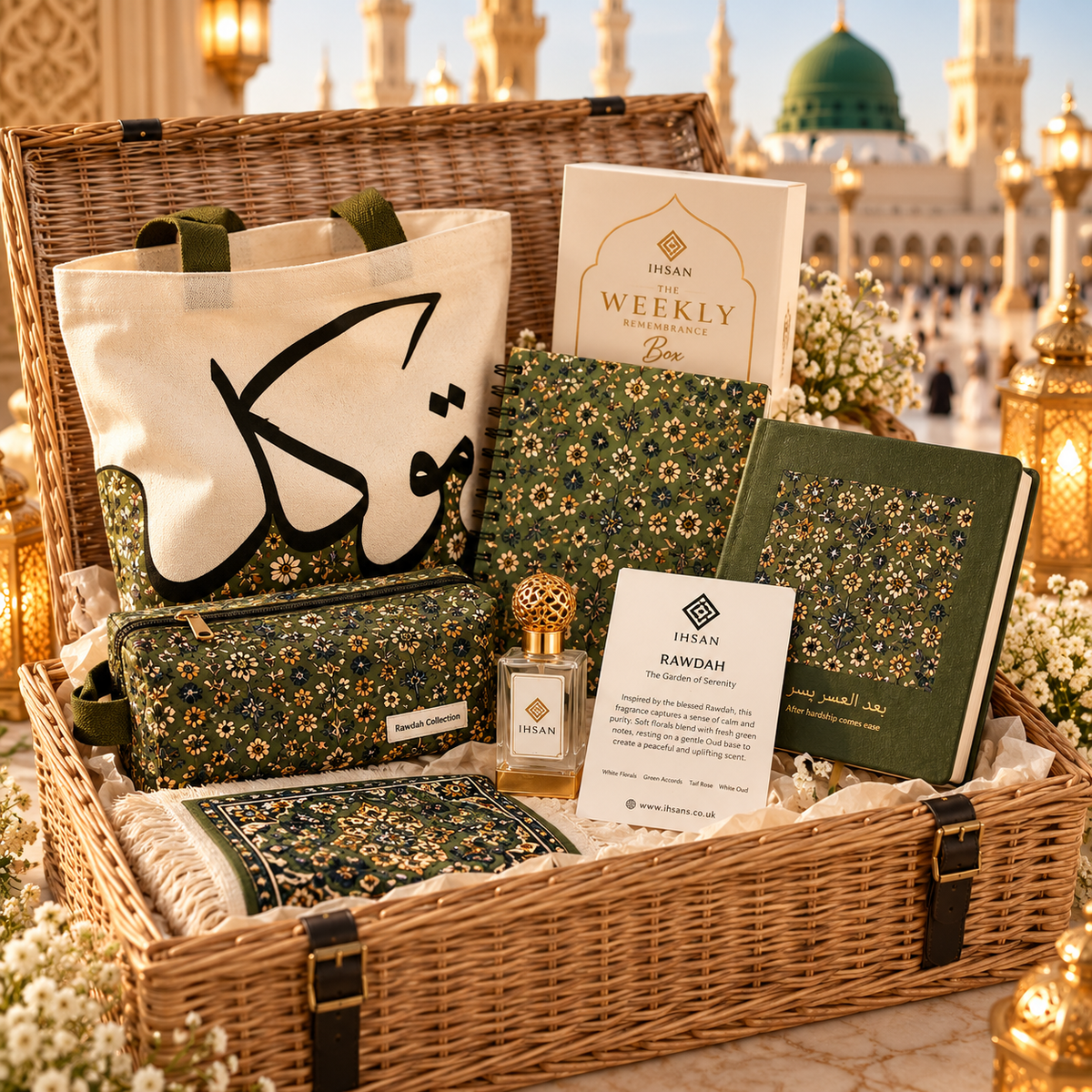 IHSAN extra large luxury Rawdah Islamic gift hamper in wicker basket with tote bag, sketchbook, mouse pad, pencil case, weekly remembrance box, 3ml perfume oil and chocolates.