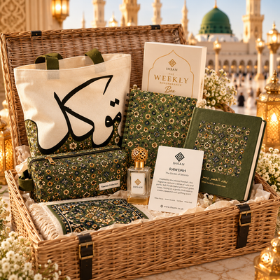 IHSAN extra large luxury Rawdah Islamic gift hamper in wicker basket with tote bag, sketchbook, mouse pad, pencil case, weekly remembrance box, 3ml perfume oil and chocolates.