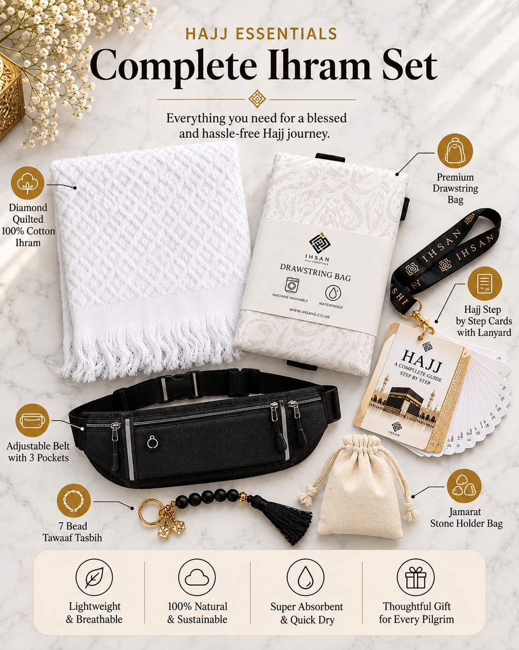 IHSAN complete Hajj essentials kit for men with cotton Ihram, Hajj guide, Tawaaf Tasbih and travel accessories