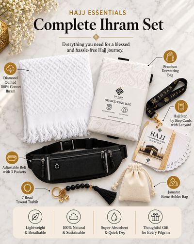 IHSAN complete Hajj essentials kit for men with cotton Ihram, Hajj guide, Tawaaf Tasbih and travel accessories