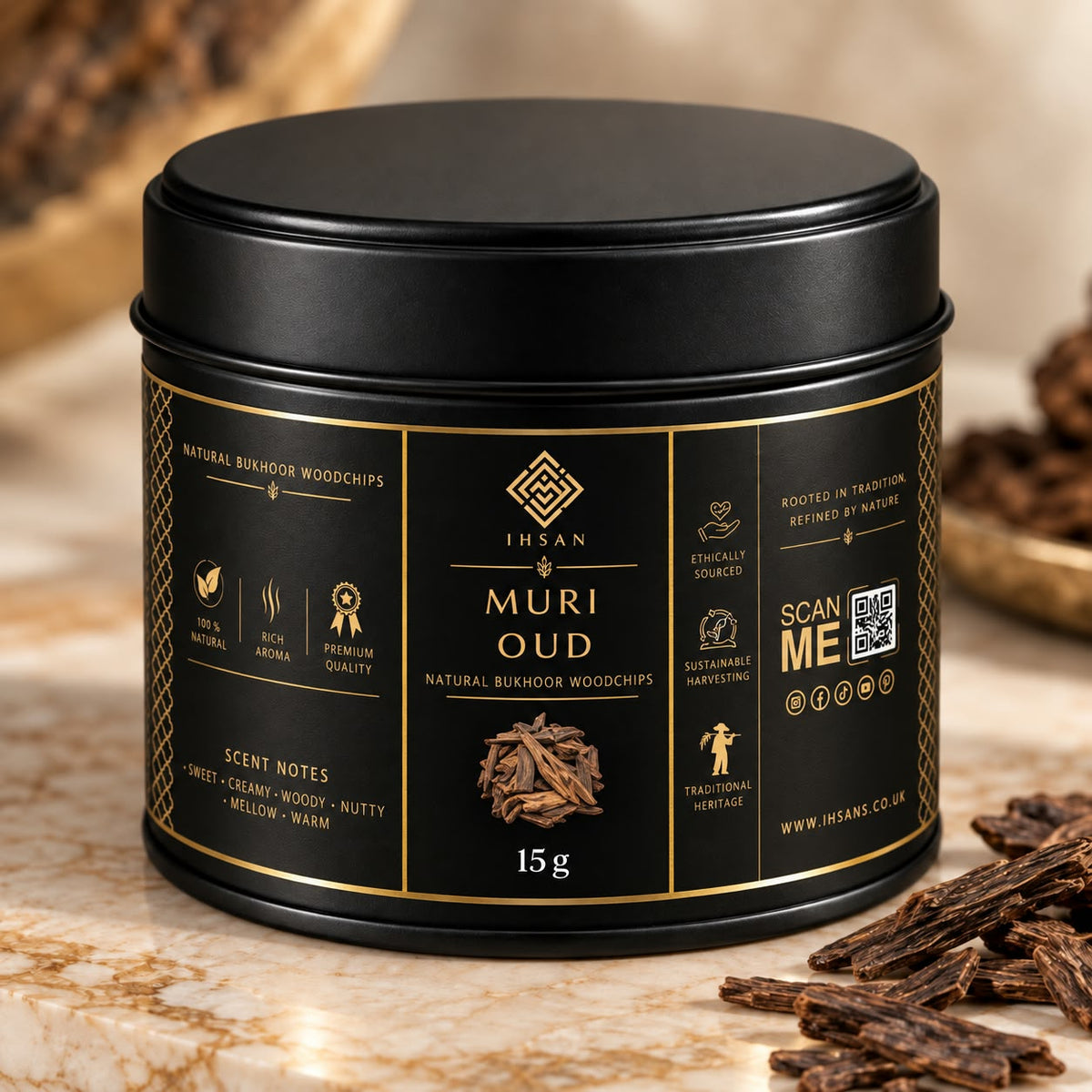 Muri Indian Oud Woodchips 15g – 100% Natural Agarwood | Pure Resin-Rich Oud in Black Presentation Tin