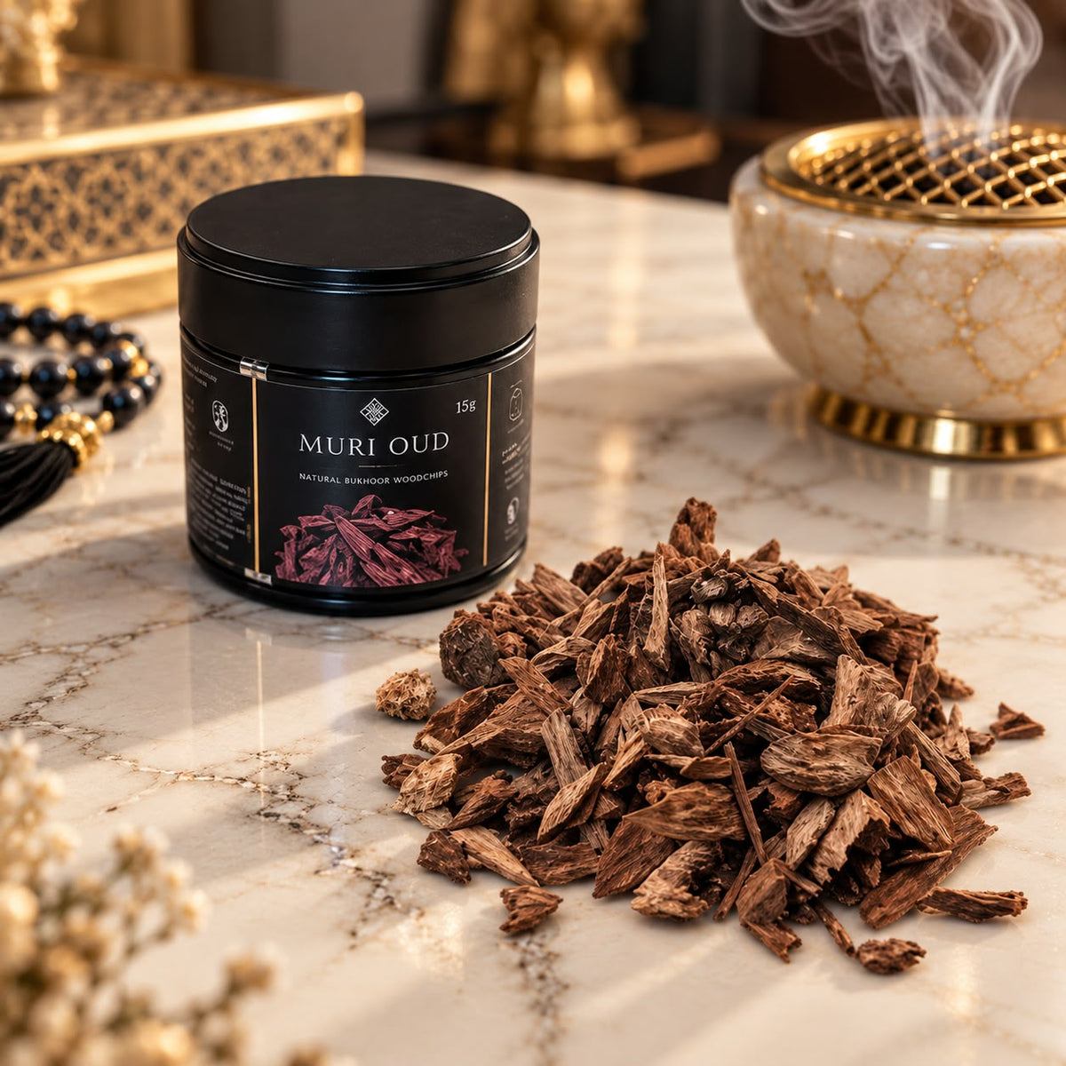 Muri Indian Oud Woodchips 15g – 100% Natural Agarwood | Pure Resin-Rich Oud in Black Presentation Tin