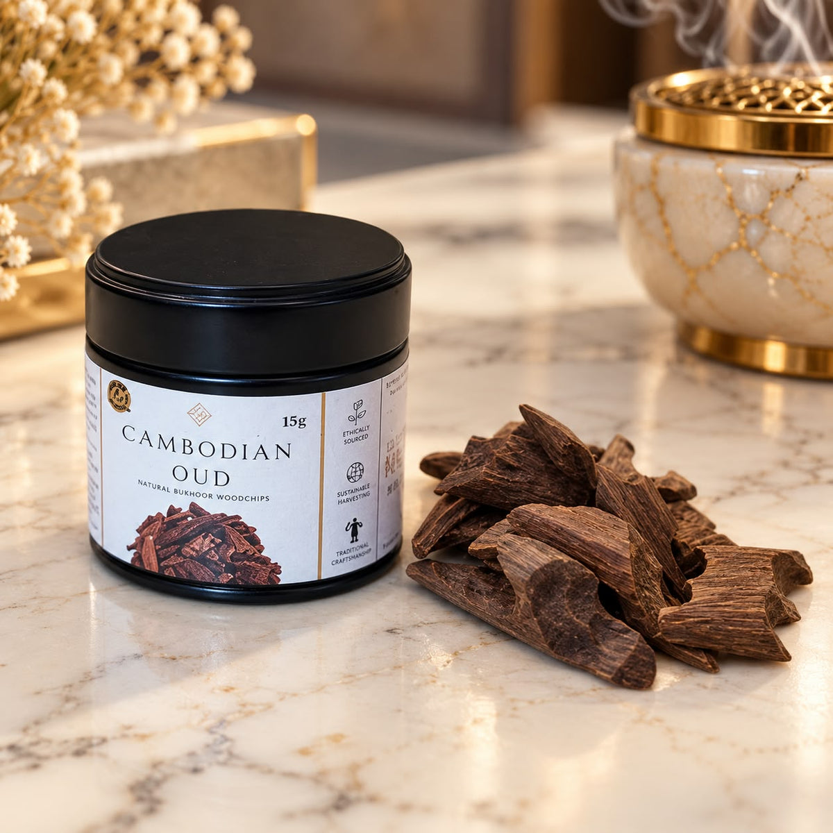 Cambodian Oud Woodchips 15g – 100% Natural Agarwood | Pure Resin-Rich Oud in Black Presentation Tin