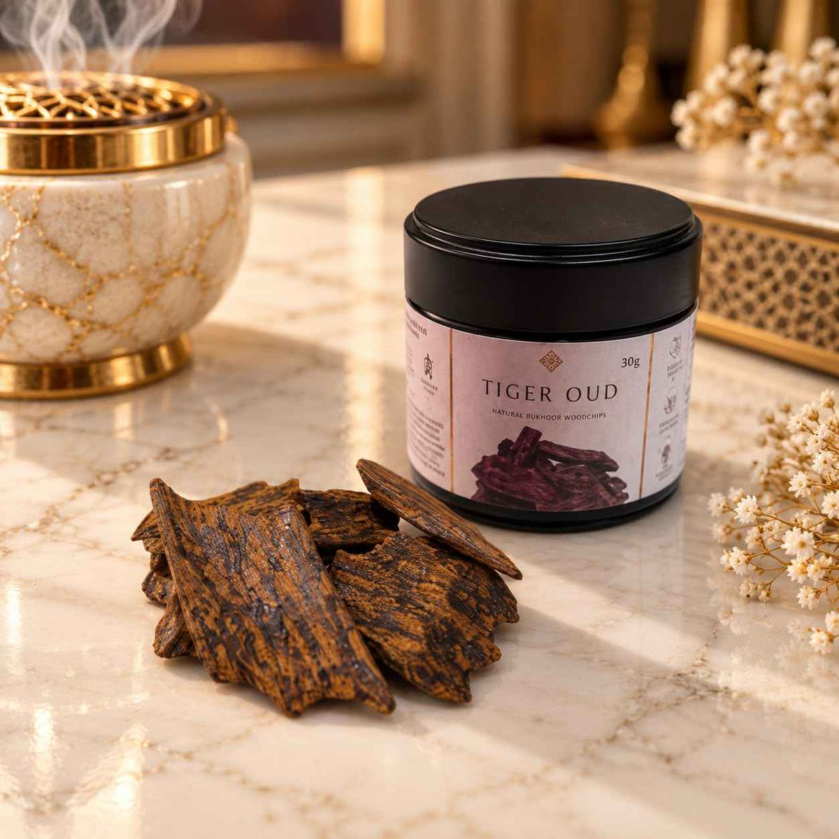 Tiger Oud Woodchips 15g – Borneo Agarwood | 100% Natural Resin-Rich Oud in Black Presentation Tin