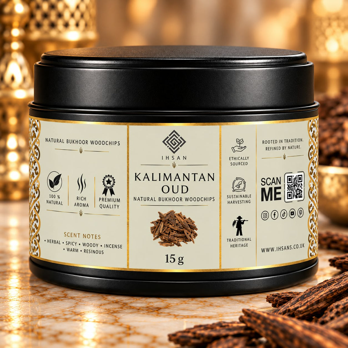 Kalimantan Oud Woodchips 15g – 100% Natural Agarwood | Pure Resin-Rich Oud in Black Presentation Tin