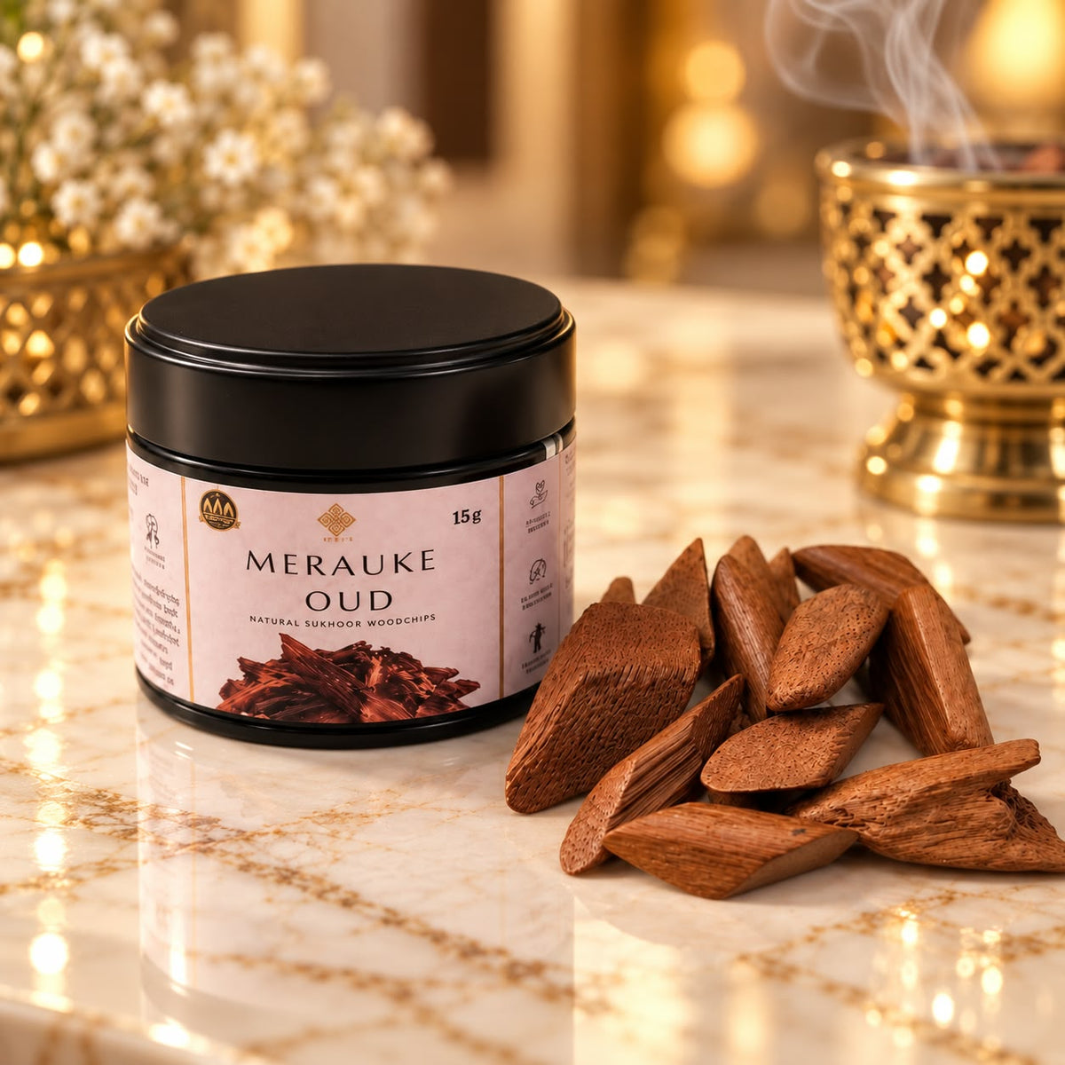 Merauke Oud Woodchips 15g – 100% Natural Agarwood | Pure Resin-Rich Oud in Black Presentation Tin