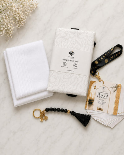 IHSAN complete Hajj essentials kit for men with cotton Ihram, Hajj guide, Tawaaf Tasbih and travel accessories