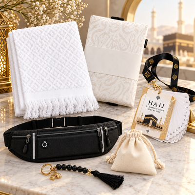 IHSAN complete Hajj essentials kit for men with cotton Ihram, Hajj guide, Tawaaf Tasbih and travel accessories