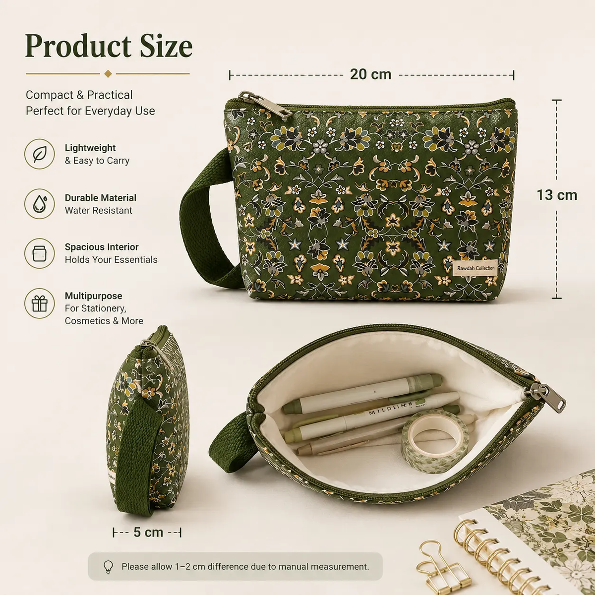 Rawdah inspired olive green floral pencil case and makeup bag with zip closure, carry handle and soft lining, multipurpose Madinah cosmetic and stationery pouch by IHSAN.