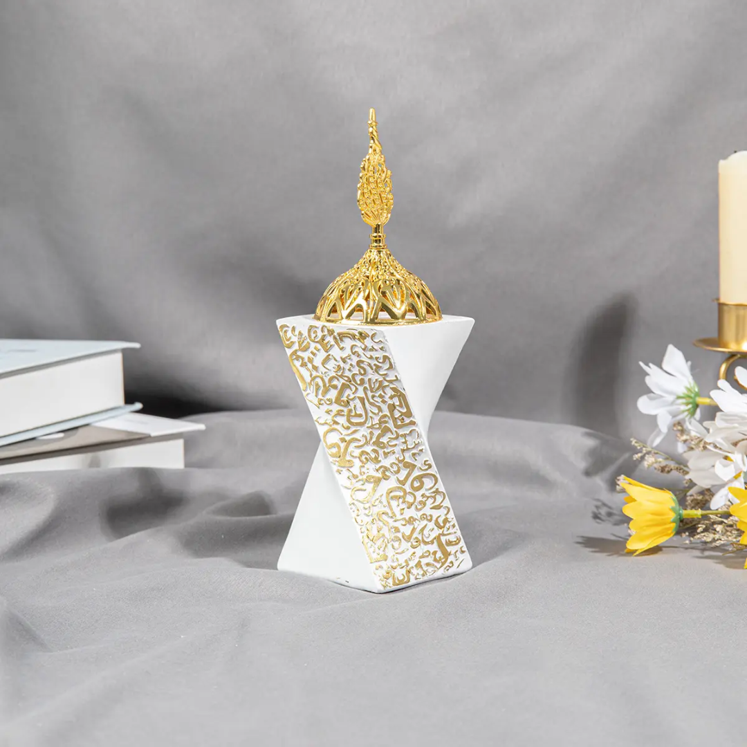 Premium Arabic Calligraphy Bukhoor Burner – Luxury Traditional Oud & Incense Burner | Black or White with Gold Lid