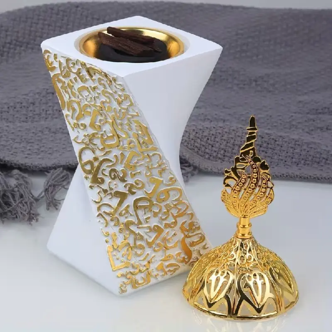Premium Arabic Calligraphy Bukhoor Burner – Luxury Traditional Oud & Incense Burner | Black or White with Gold Lid
