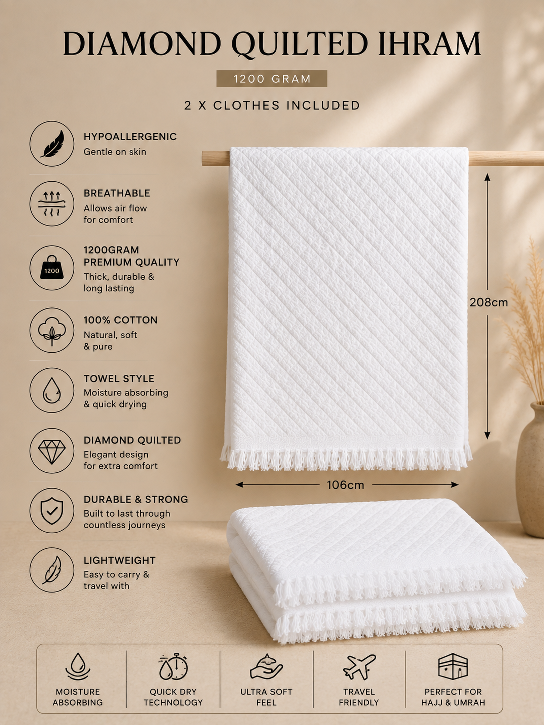 Bamboo Cotton Ihram Set (2 Pieces)  Premium Quality