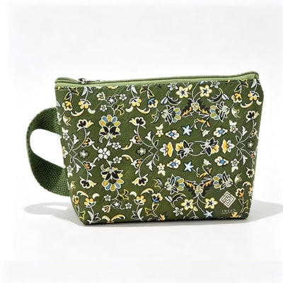 Rawdah inspired olive green floral pencil case and makeup bag with zip closure, carry handle and soft lining, multipurpose Madinah cosmetic and stationery pouch by IHSAN.