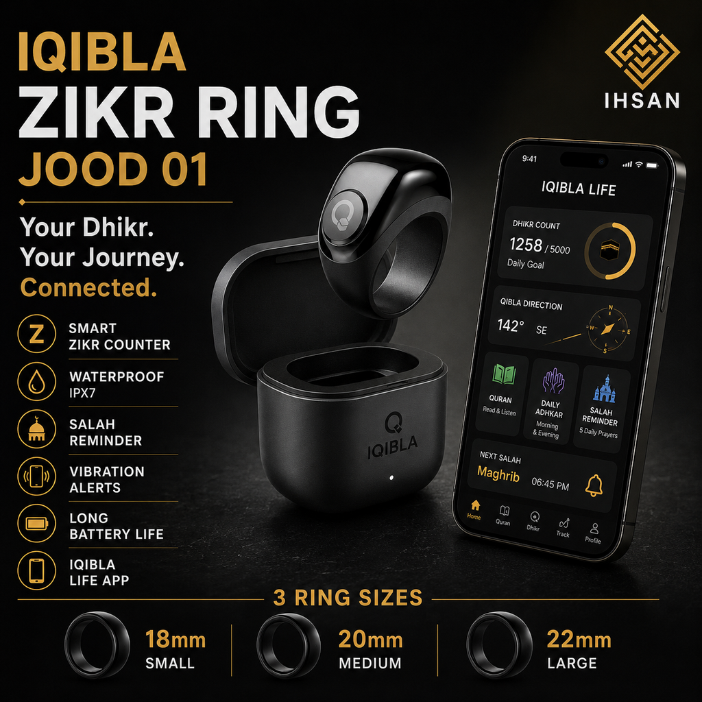 Iqibla Zikr Ring Jood Adjustable Size Tasbih Tracker With App Statistics - Smart Zikr Ring - Adjustable Zikr Ring - Salah reminder, Tasbeeh Reminder, Long battery life, Step counter, Calories tracker - New Muslim Gifts